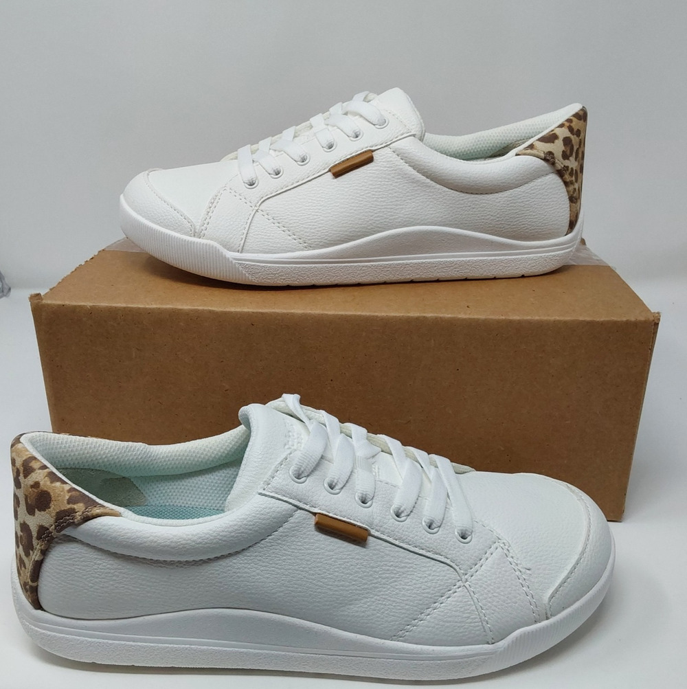 Dr. Scholl’s Womens White Faux Leather Sneakers Leopard Heel Accent Lace Up Sz 8